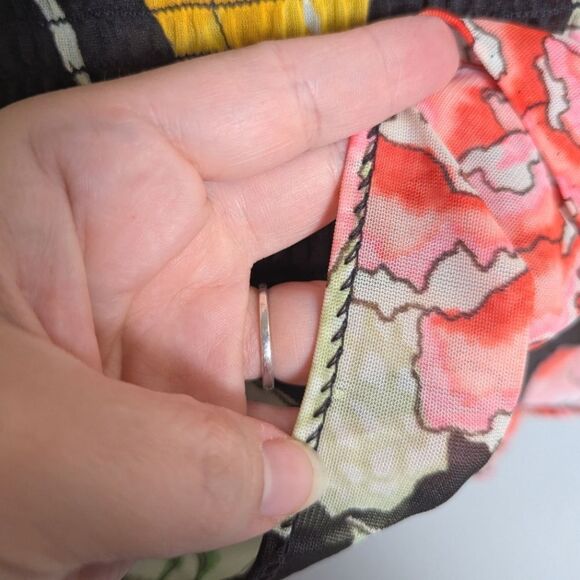 Vintage 70s Sheer Floral Womens Peplum top Blouse Black Orange Pink Yellow L/XL - Picture 5 of 7